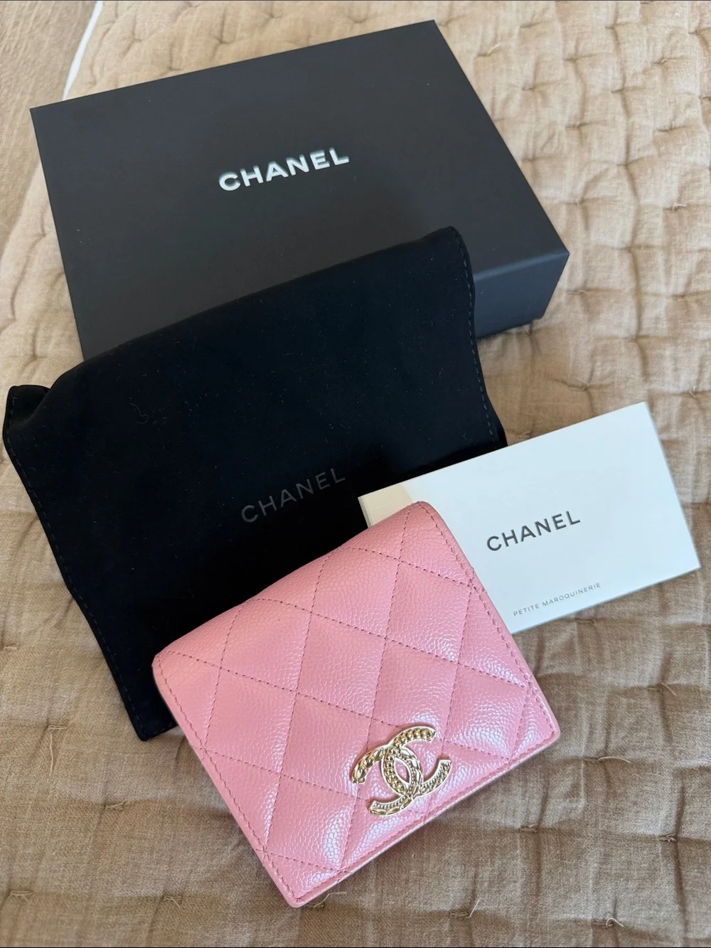 CHANEL Pink Quilted Leather Compact Wallet with Gold CC Emblem